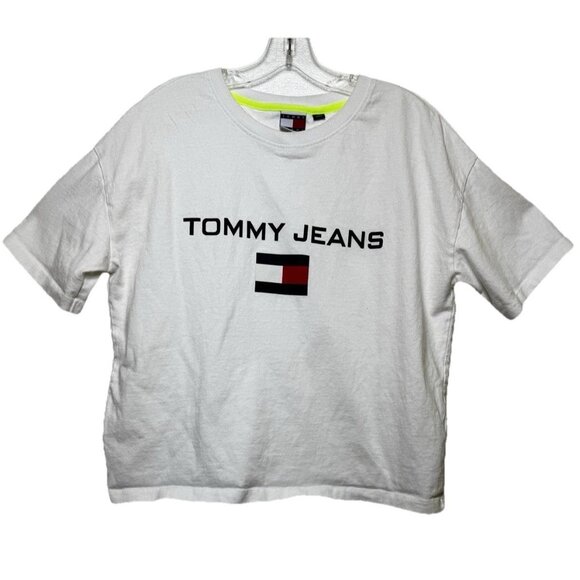 Vintage Tommy Jeans T-Shirt White Spell Out Flag Size‎ Medium Y2K Hip Hop Logo - Picture 1 of 7
